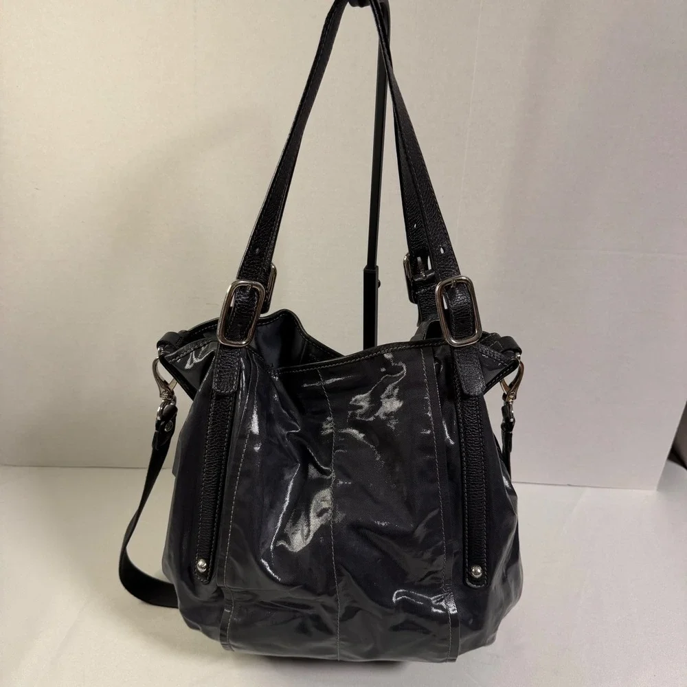 Tod's G-Bag Medium Tote Black Coated Canvas Leather Trim Adjustable Strap Luxury